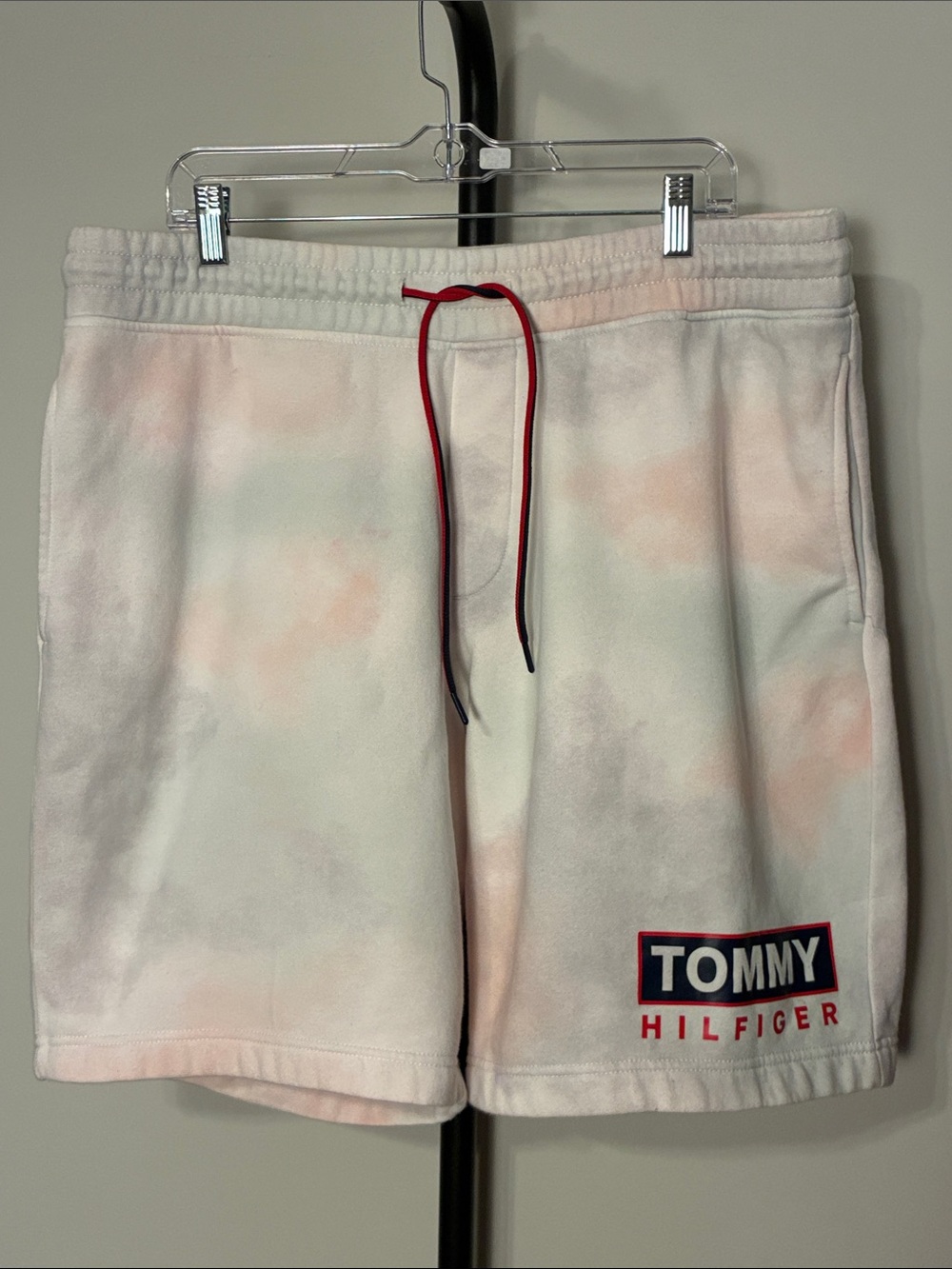 Tommy Hilfiger White Tie-Dye Athletic Shorts with Red Drawstring